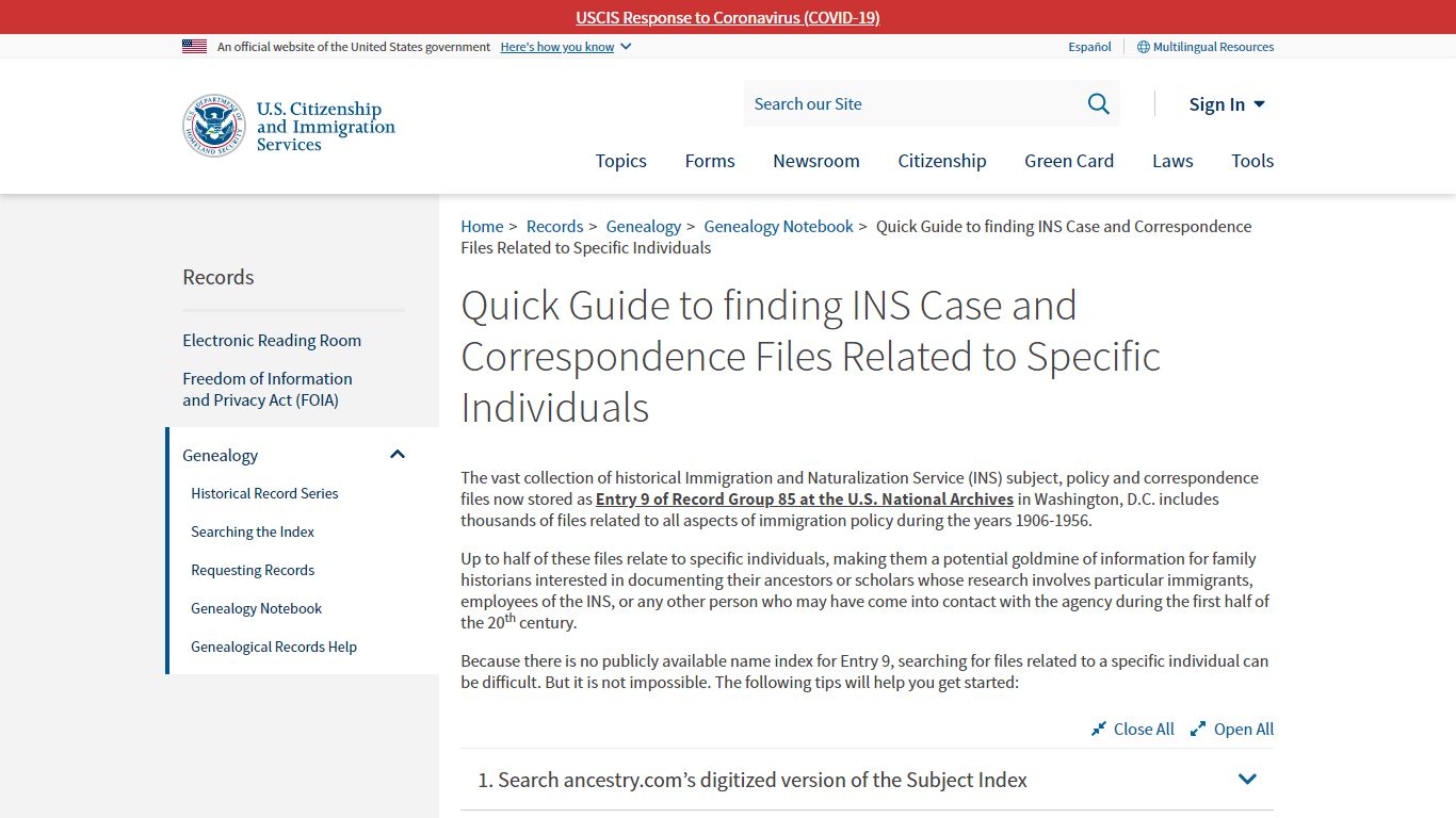 Quick Guide to finding INS Case and Correspondence Files ... - USCIS